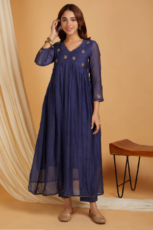 Navy Blue Hand Embroidered Chanderi Kurta