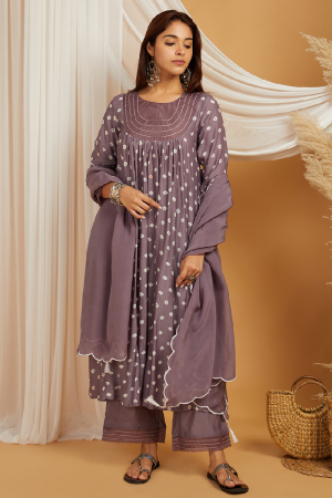 Mauve Bandhani Cotton Silk Suit Set of 3