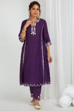 Purple Embroidered Chanderi Kurta with Pants- Set of 2