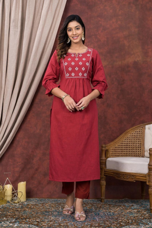 Maroon Cotton Straight Kurta With Zari Embroidery and Pants - Set  of 2