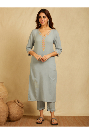 Sky blue V-neck multi color embroidered Kurta with Pants 