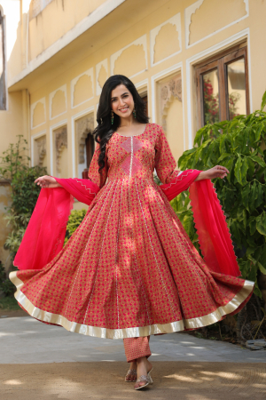 PINK CHANDERI ANARKALI- Set of 3 Pcs