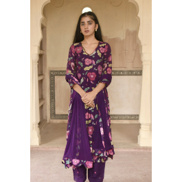 Violet Floral Print Chanderi Festive Kurta Set (Set of 3) Design by Taro at  Modvey, Modvey