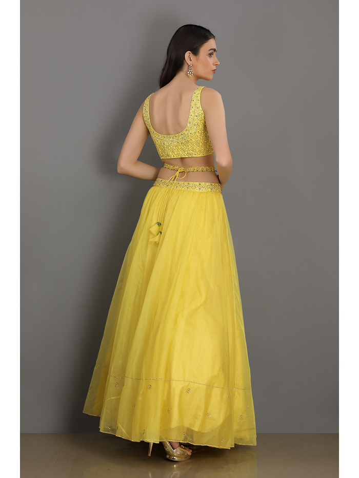 Crop Skirt Lemon Yellow with Designer Blouse and Multi Layered Skirt -  MemSaheb