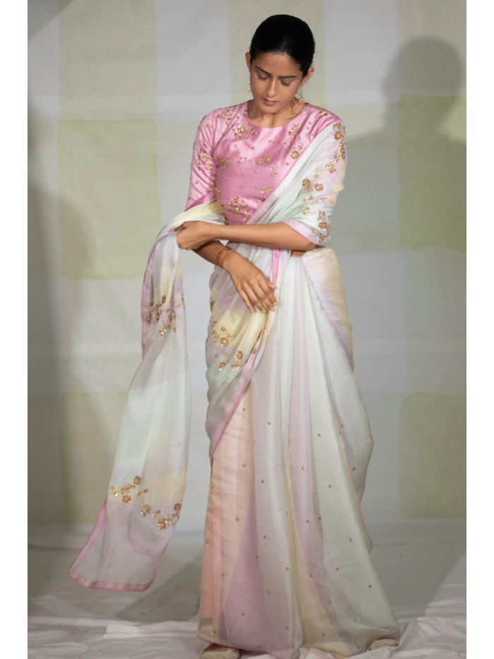 Chalk Pink hand embroidered phool guchha saree with bralet blouse Design by  DeepThee at Modvey