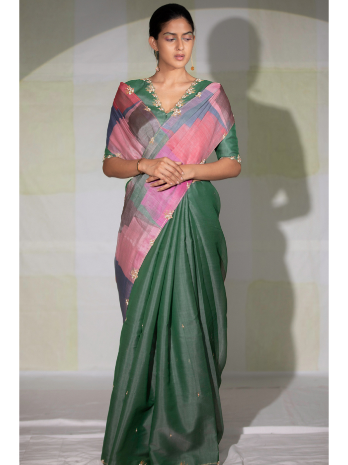 Crystal Blue Colour Blocked Printed Saree Design by Wendell Rodricks at  Pernia's Pop Up Shop 2024