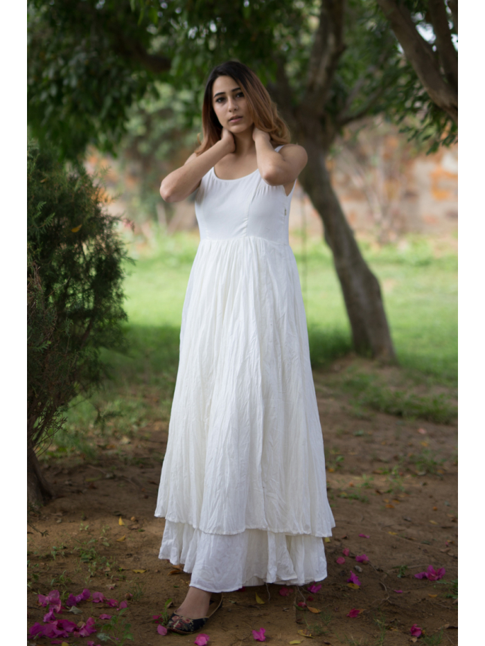 Get Gathered Solid White Sleeveless Maxi Dress at ₹ 2550 | LBB Shop