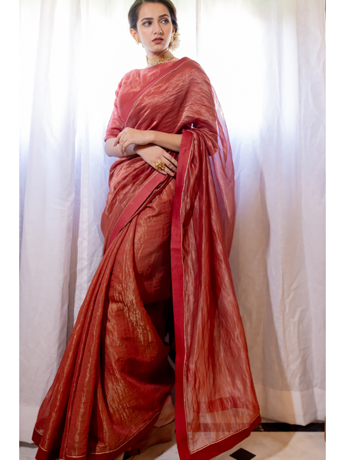 Mustard Banarasi Glass Tissue Saree with Embroidered Border and Blouse |  The Silk Trend