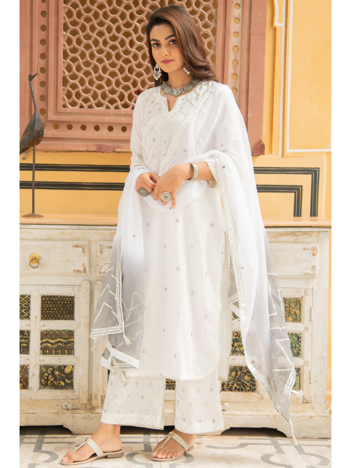 Noor Badli White & Grey Gota Mirror Work Salwar Suit Set Design by