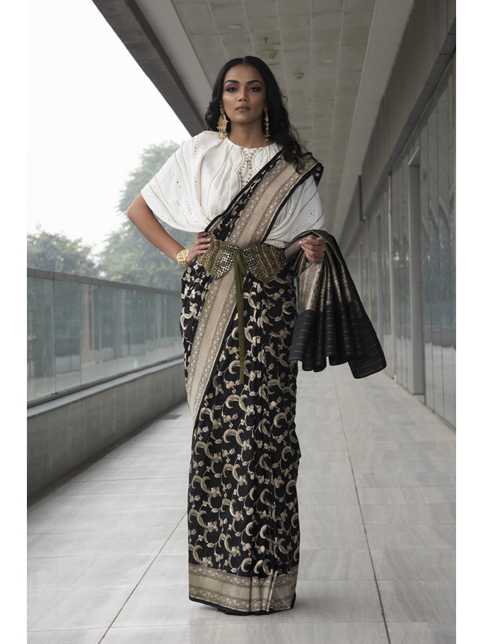 black pure katan silk saree. paired with ivory embroidered cowl