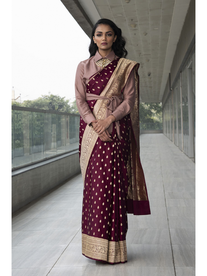 wine pure katan silk saree with pink silk cropped shirt blouse with  tie-knot belt Design by Neha & Tarun at Modvey