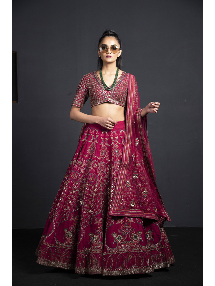 Designer Wine Color Bridal Velvet Lehenga Choli With Dupatta | Ethnicroop