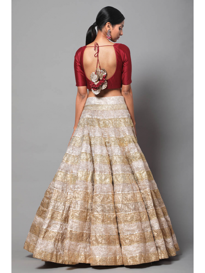WEDDING RED AND GOLDEN BRIDAL LEHENGA WITH CROP TOP AND EMBELLISHMENT -