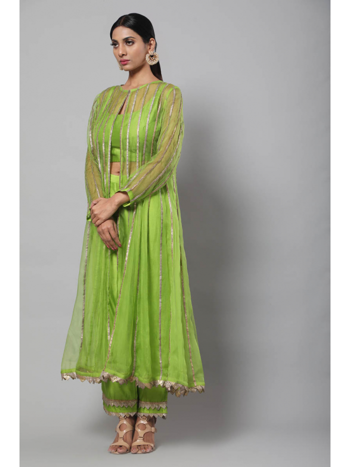 Pista Green Jacquard Banarasi Silk 3-Piece Jacket Set with Off-White  Churidar Bottom.