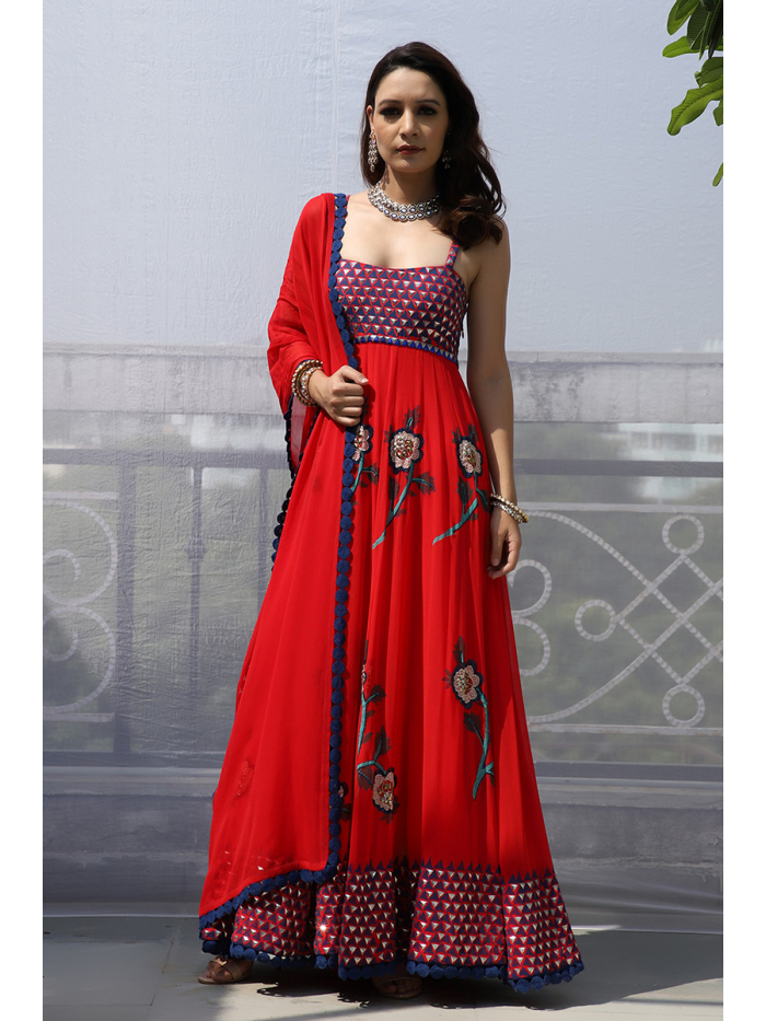 Red Cotton Readymade Anarkali Salwar Suit