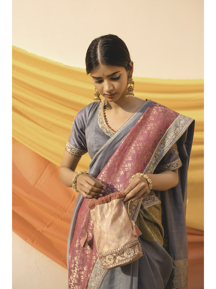 Cotton Mercerised Grey Handloom Saree