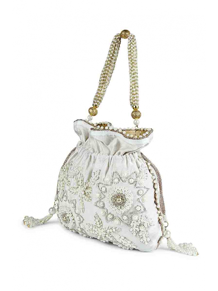 Buy Pearl White Satin Silk Potli Bag With Pearl