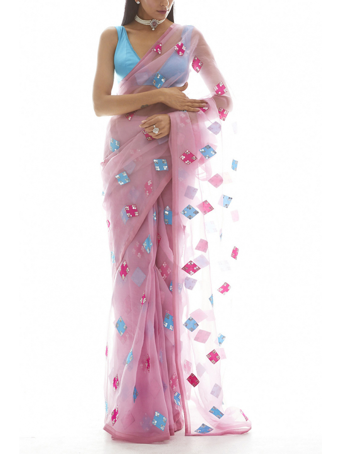 Pink organza saree with blouse 21011