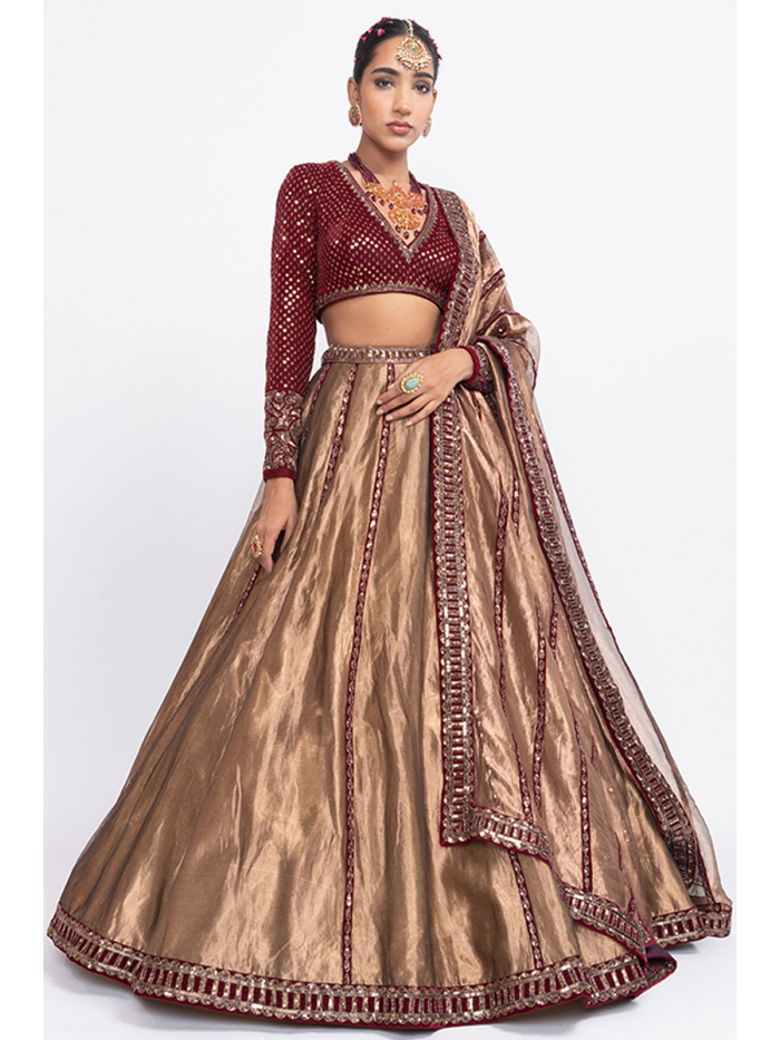 Copper gold Lehenga with zari and sequin work and cut work dupatta – Ricco  India