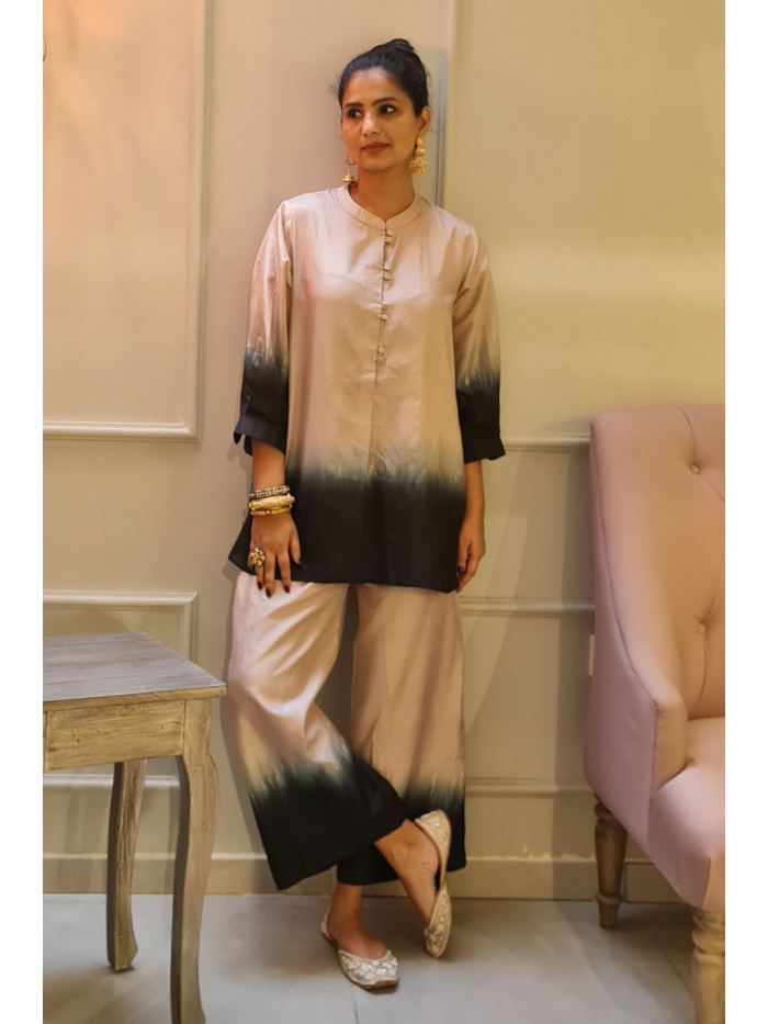 Beige and black ombre handwoven silk short kurta with box pleat and pant  Design by Shivani Bhargava at Modvey | Modvey