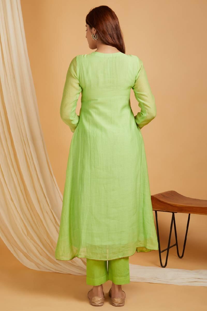 Lime Green Hand Embroidered Chanderi Kurta