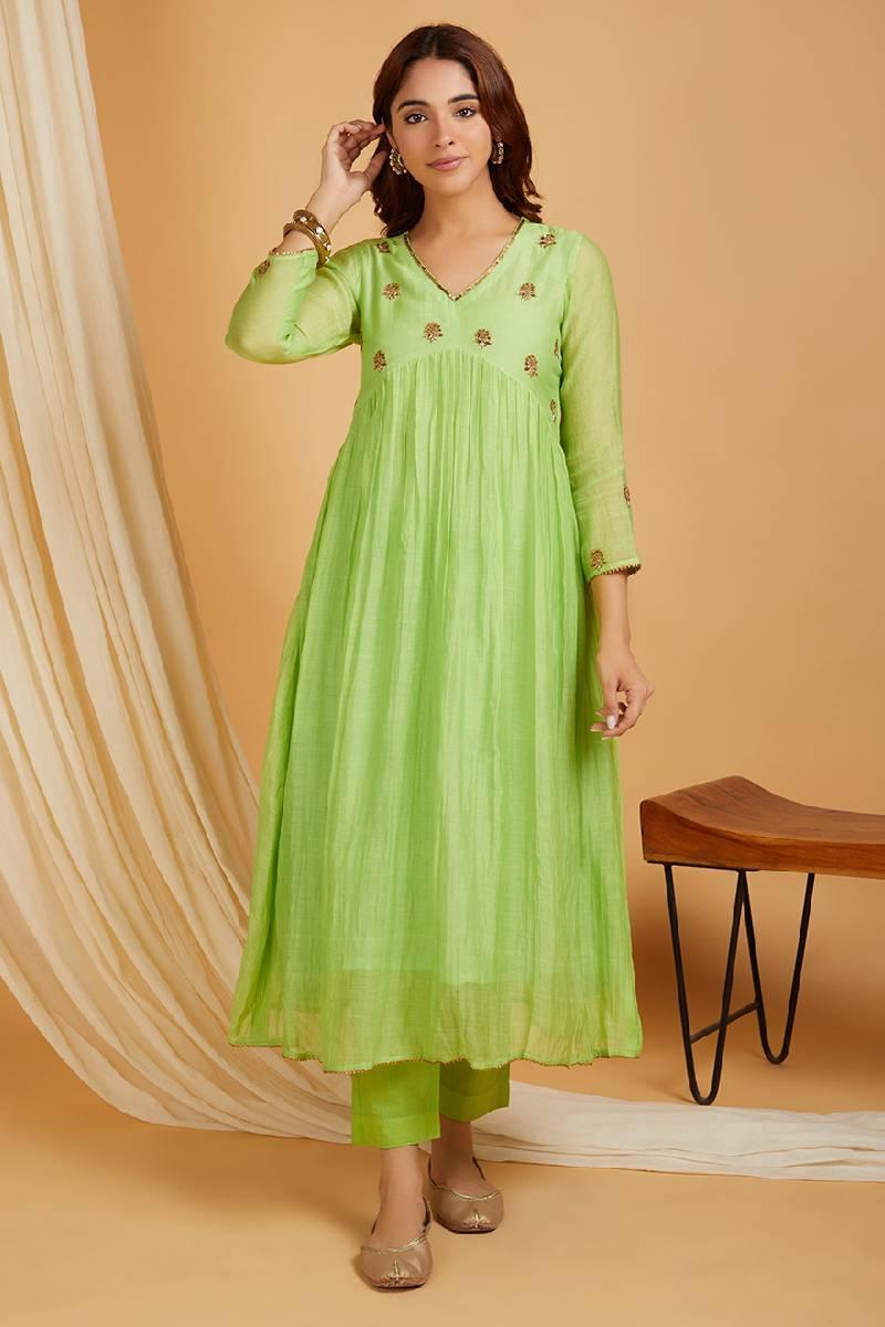 Lime Green Hand Embroidered Chanderi Kurta