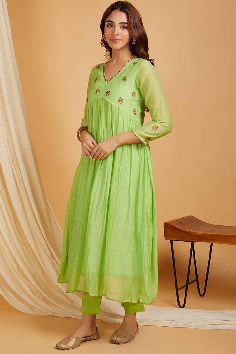 Lime Green Hand Embroidered Chanderi Kurta