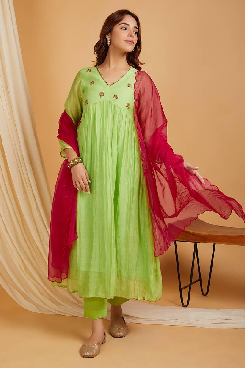 Lime Green Hand Embroidered Chanderi Kurta