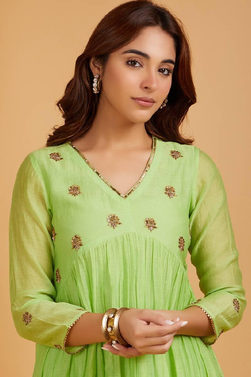 Lime Green Hand Embroidered Chanderi Kurta