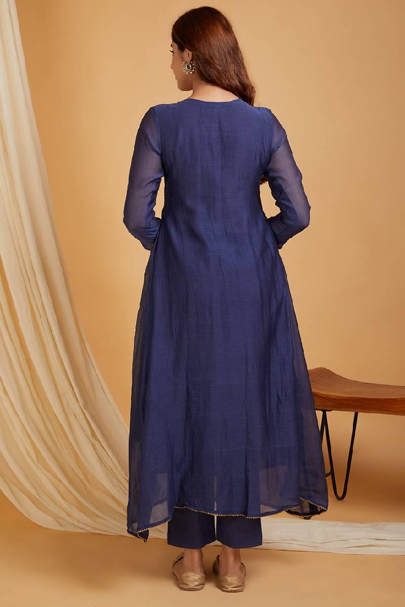 Navy Blue Hand Embroidered Chanderi Kurta