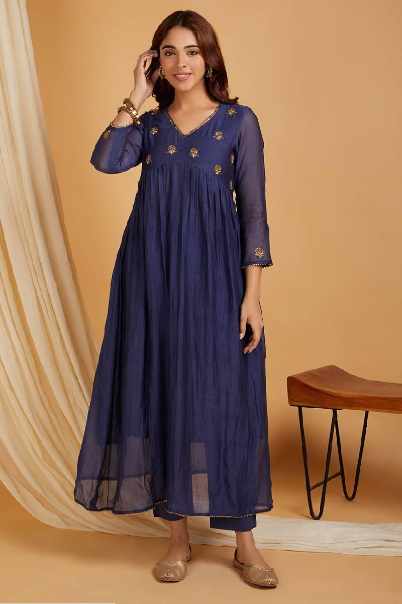 Navy Blue Hand Embroidered Chanderi Suit- Set of 3