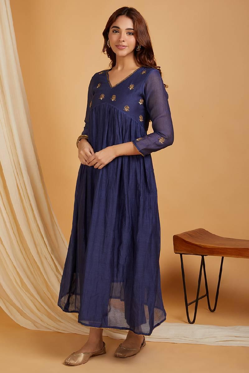 Navy Blue Hand Embroidered Chanderi Suit- Set of 3