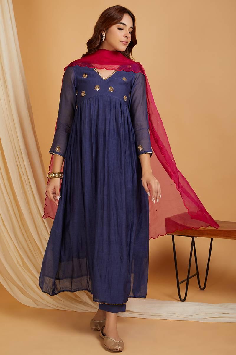 Navy Blue Hand Embroidered Chanderi Kurta