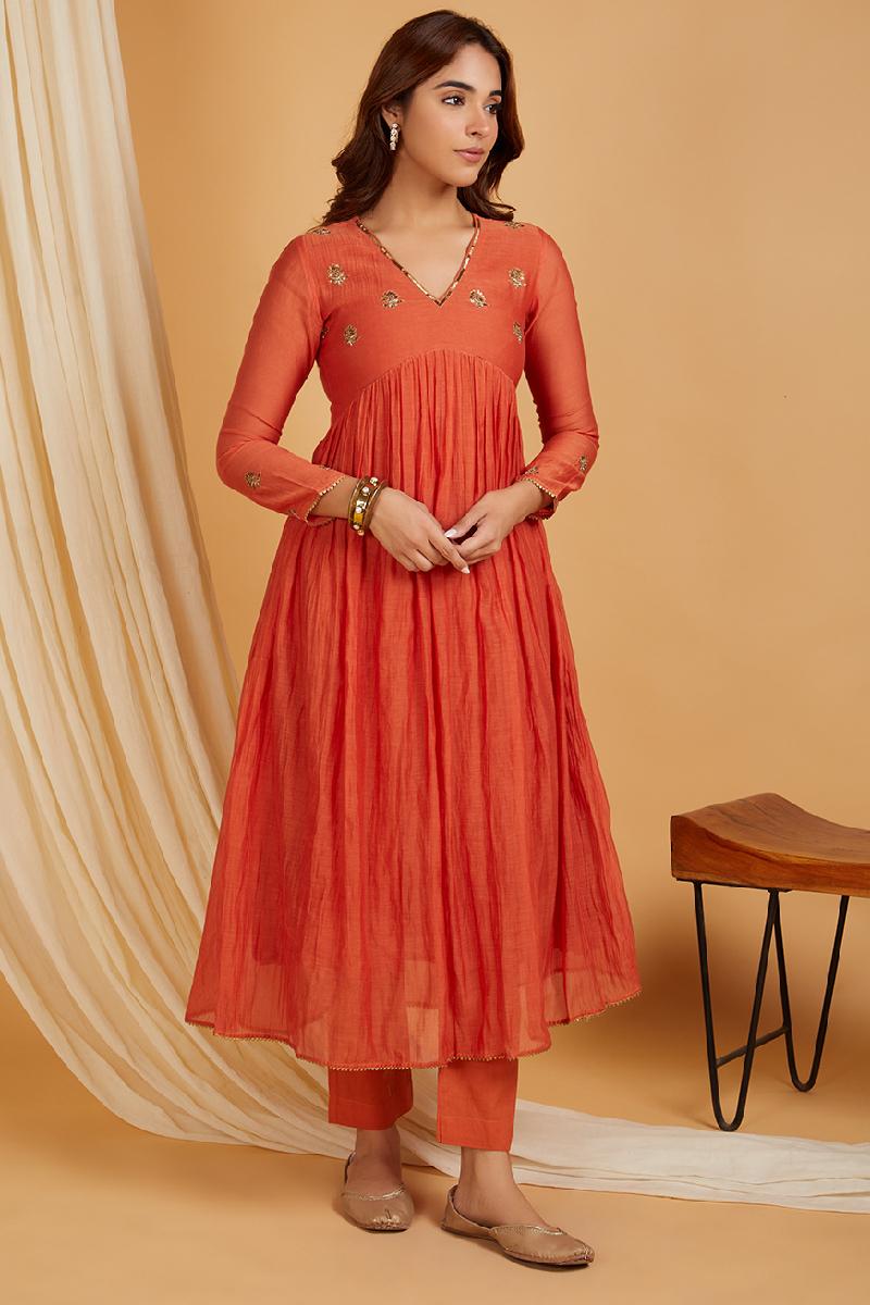 Orange Hand Embroidered Chanderi Kurta