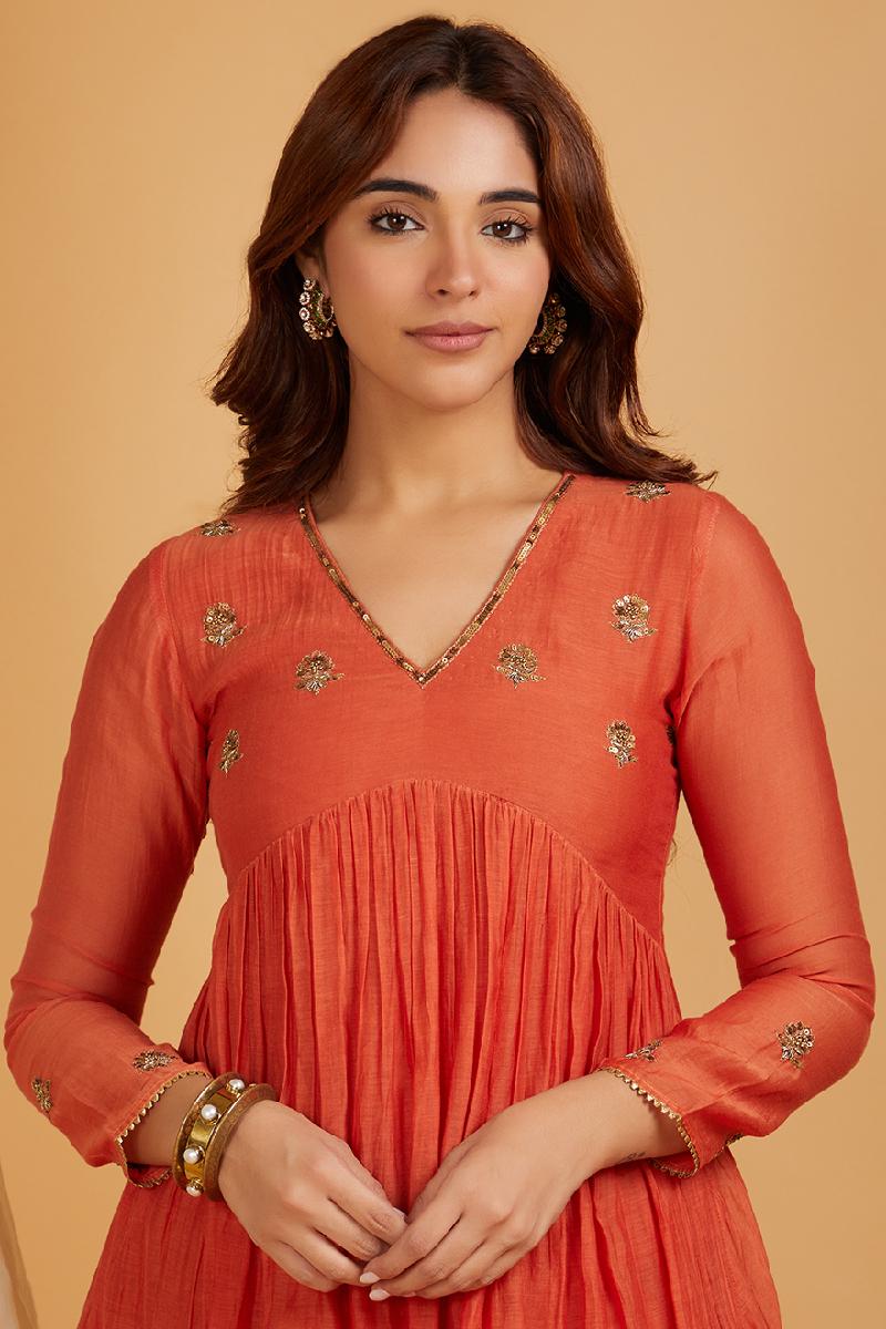 Orange Hand Embroidered Chanderi Kurta