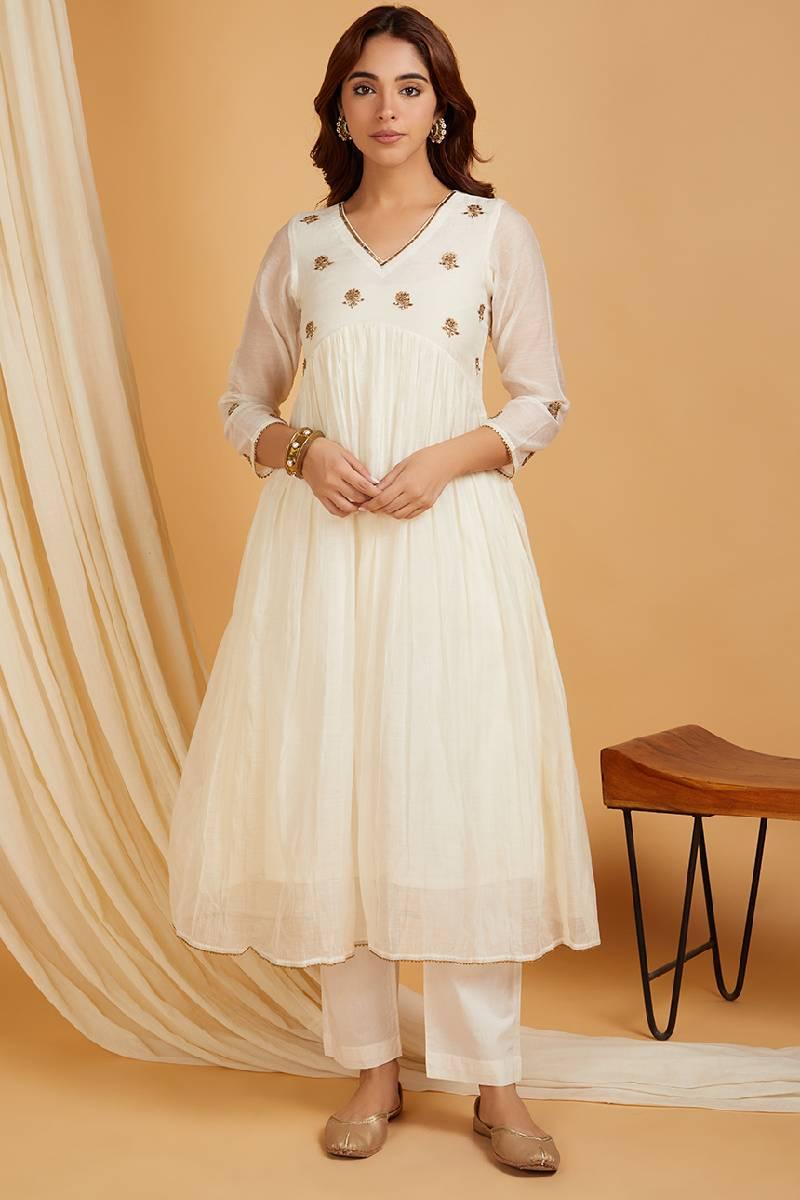 Ivory Hand Embroidered Chanderi Kurta