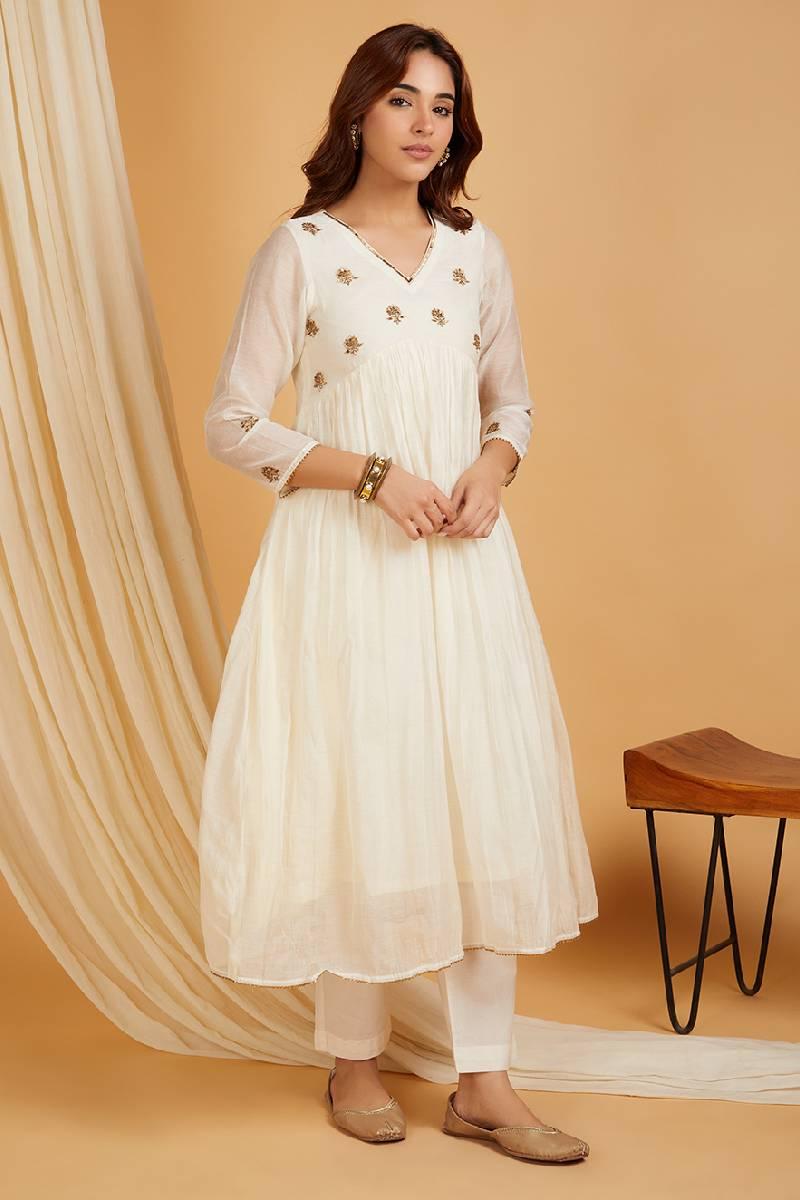 Ivory Hand Embroidered Chanderi Kurta