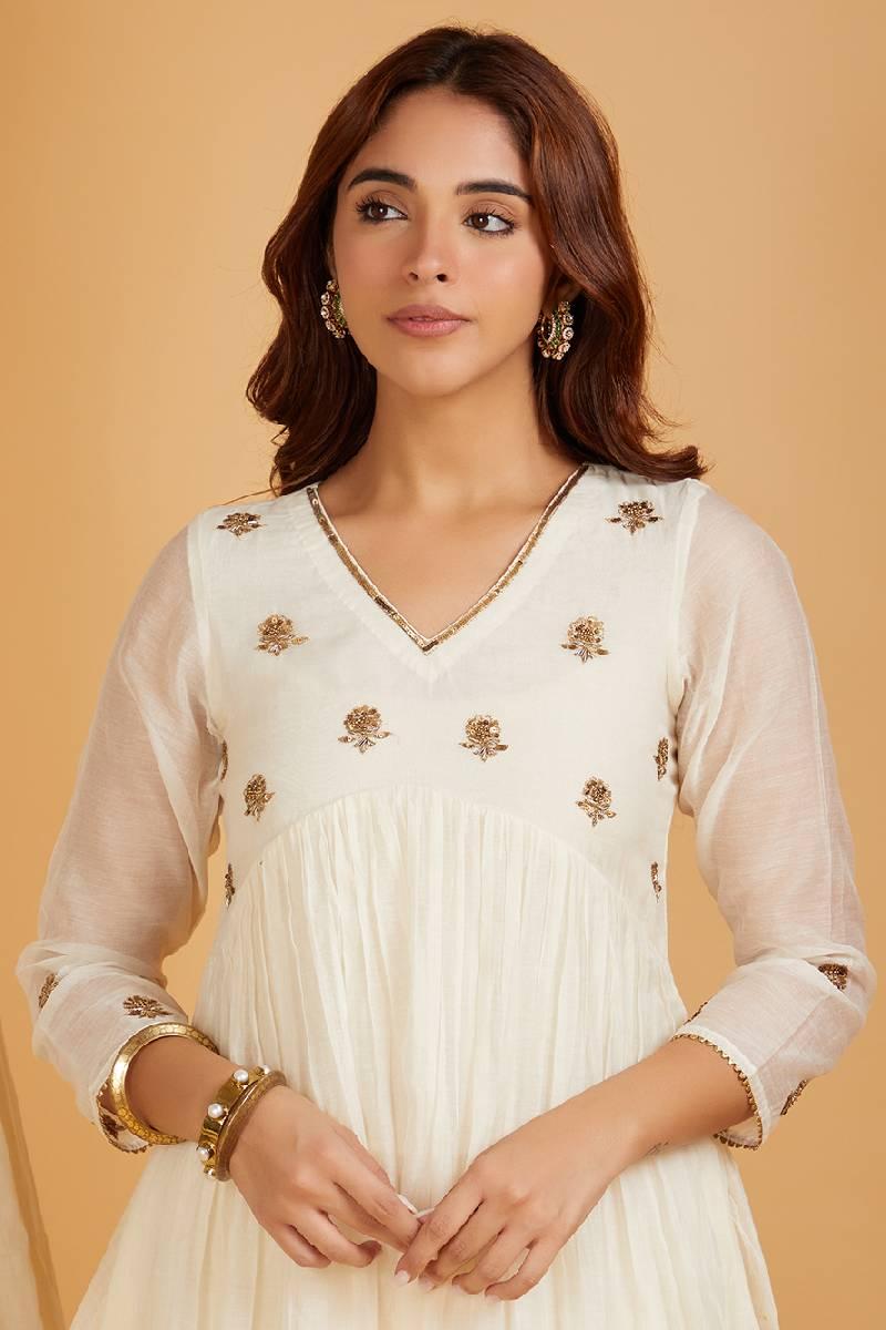 Ivory Hand Embroidered Chanderi Kurta