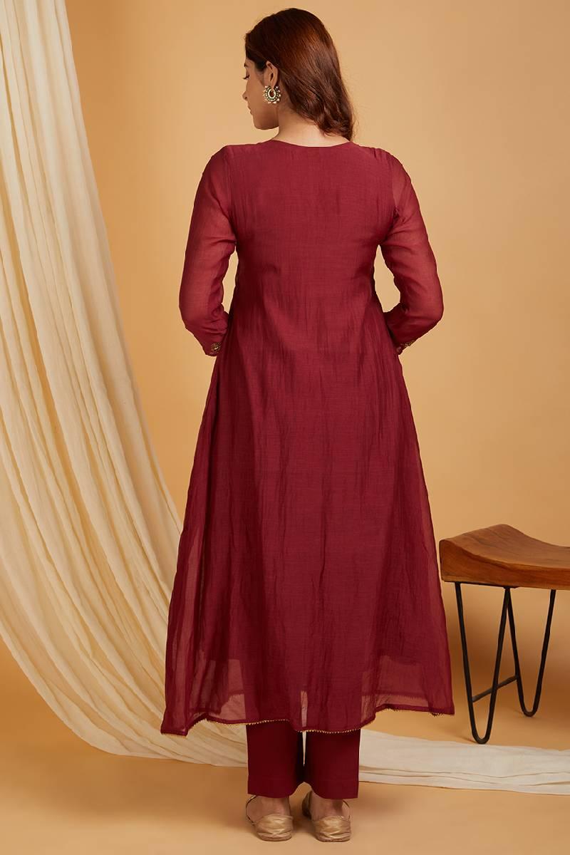 Maroon Hand Embroidered Chanderi Kurta