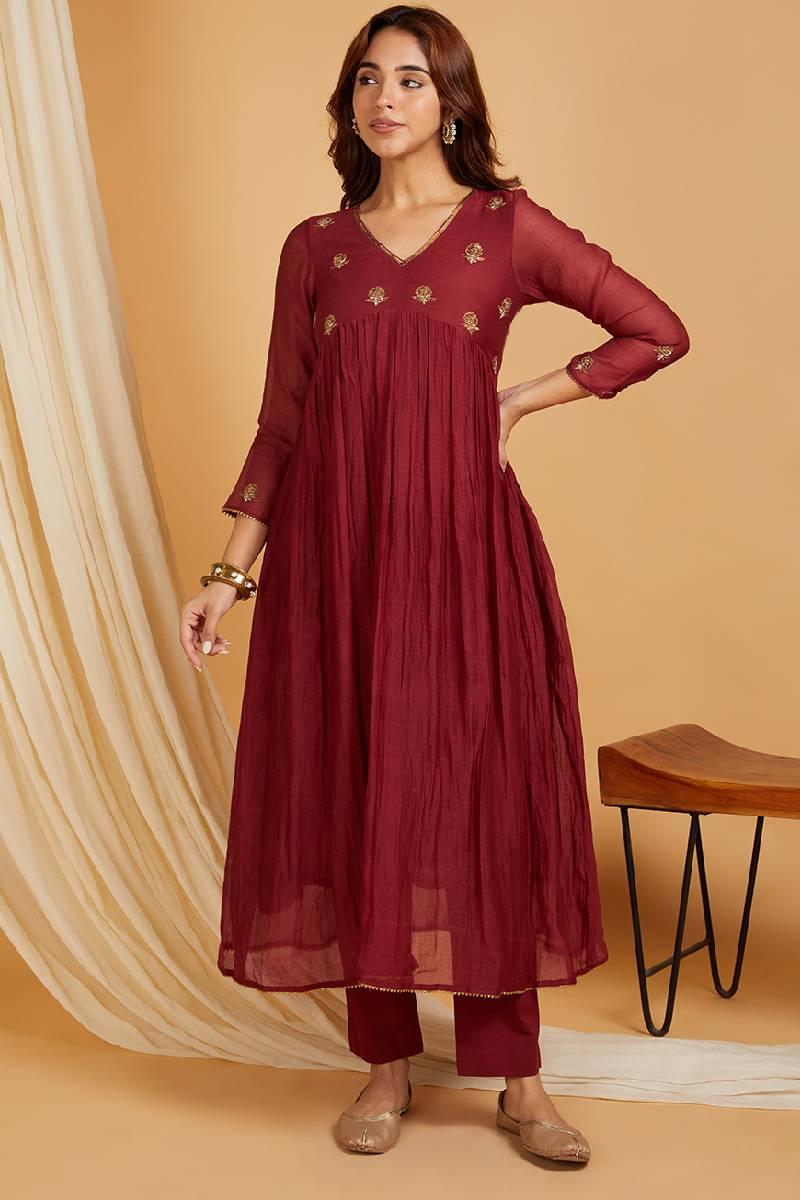 Maroon Hand Embroidered Chanderi Kurta