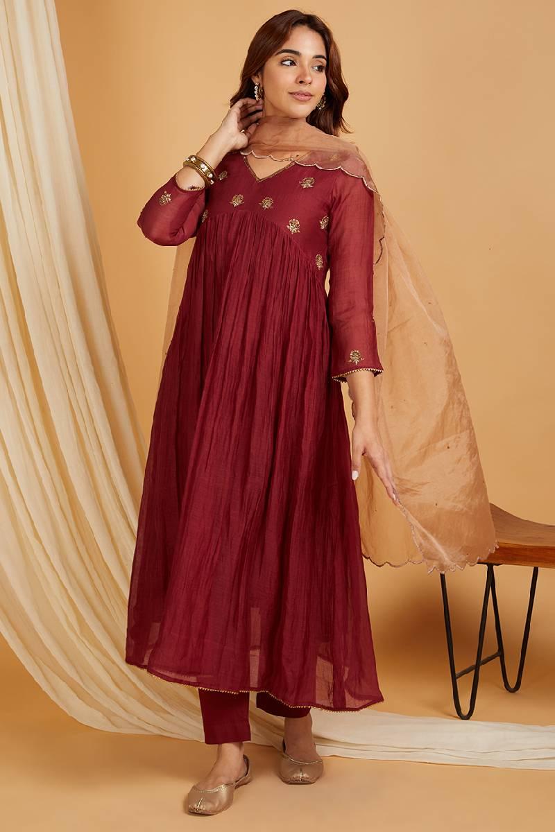 Maroon Hand Embroidered Chanderi Kurta