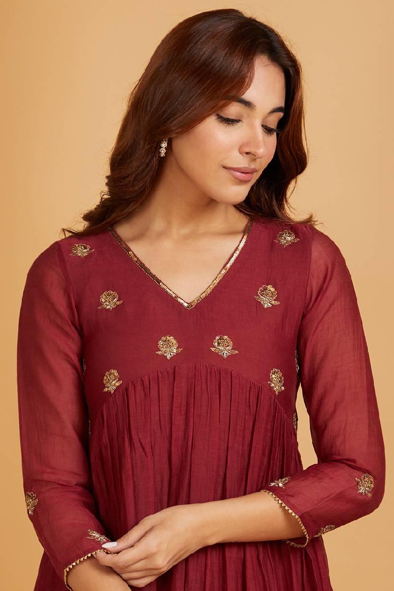 Maroon Hand Embroidered Chanderi Kurta