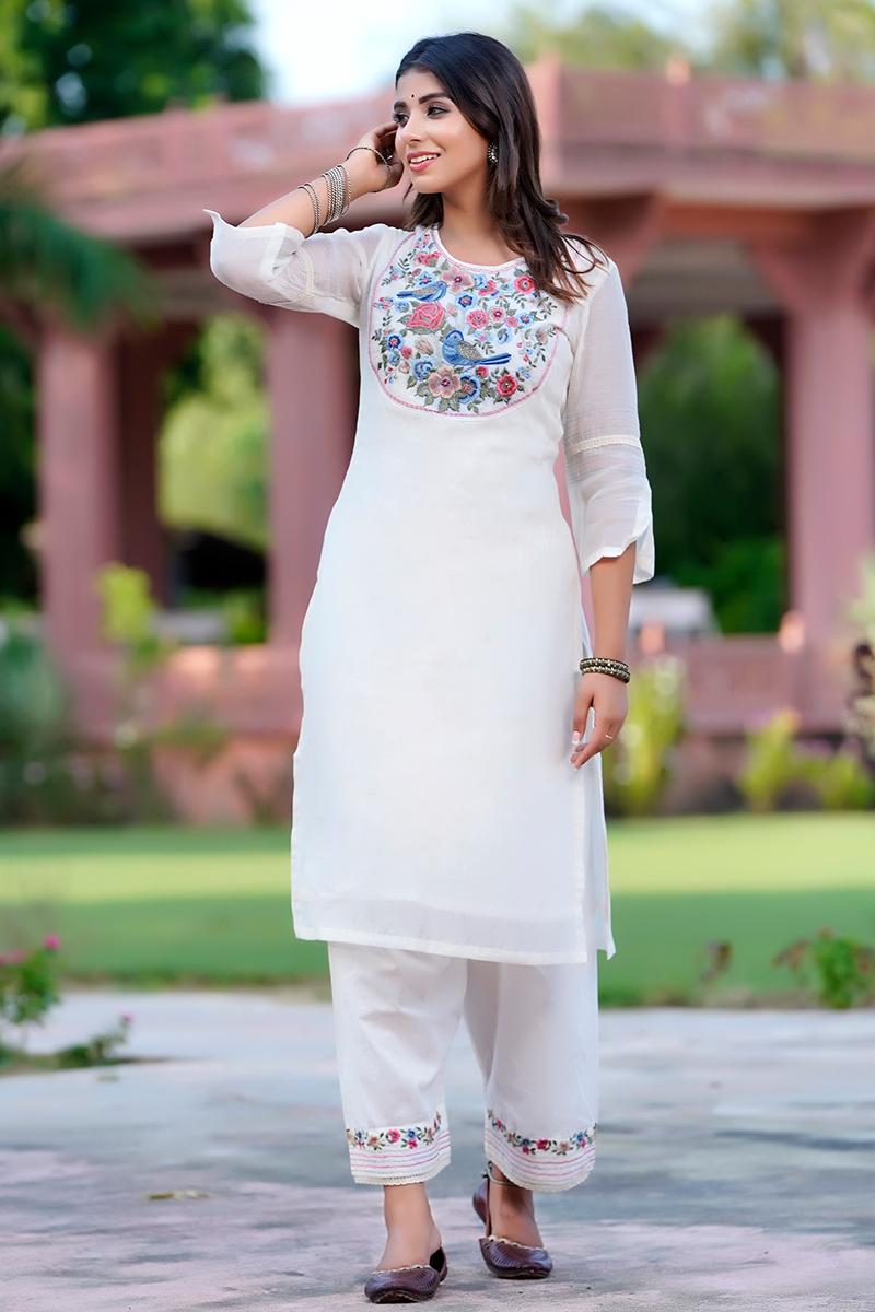 Off White Embroidered Chanderi Kurta