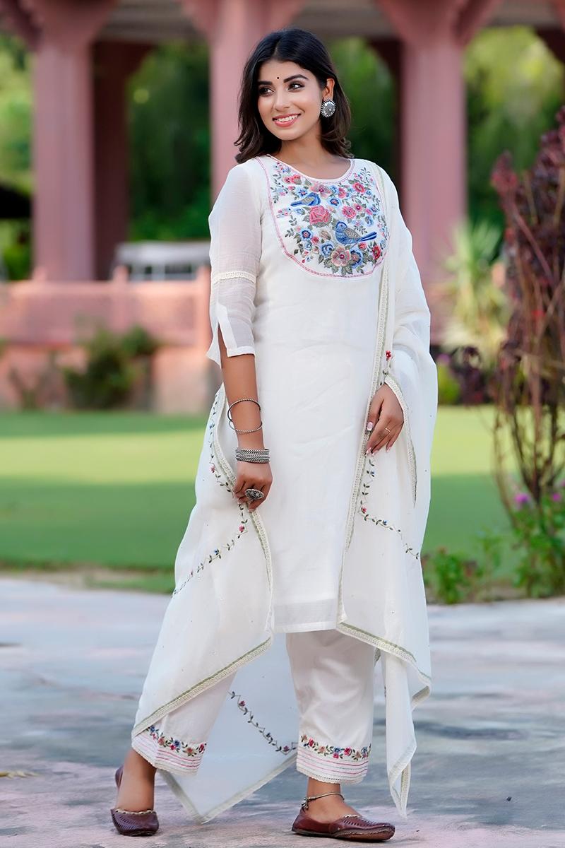 Off White Embroidered Chanderi Kurta