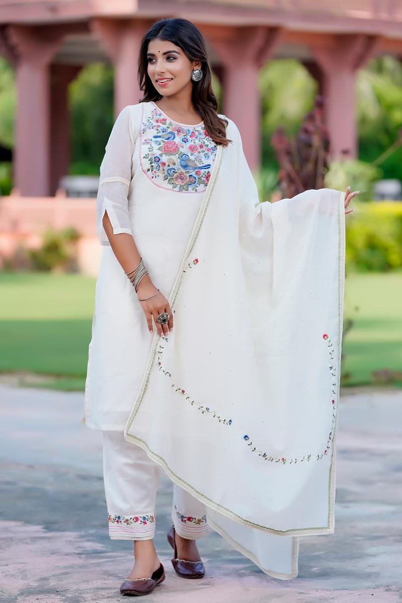 Off White Embroidered Chanderi Dupatta