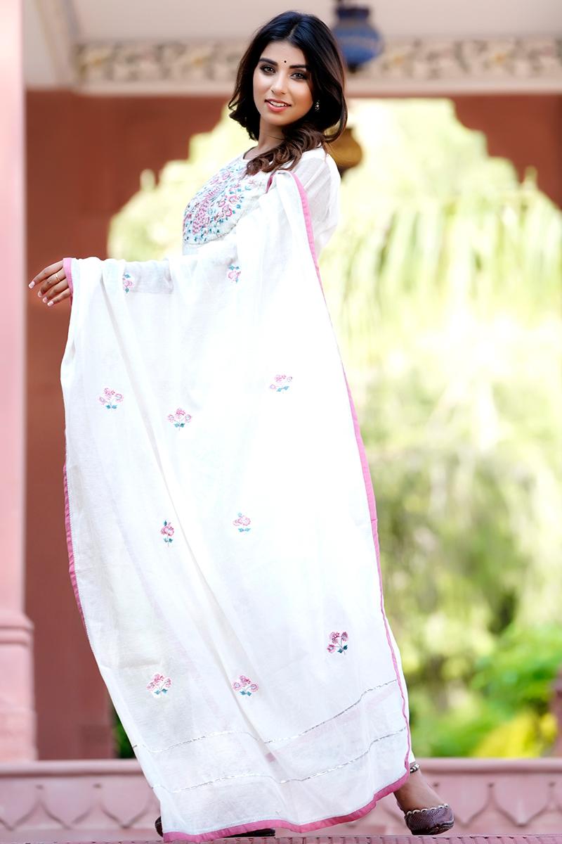 White Embroidered Chanderi Dupatta