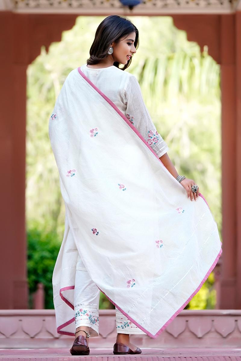 White Embroidered Chanderi Dupatta