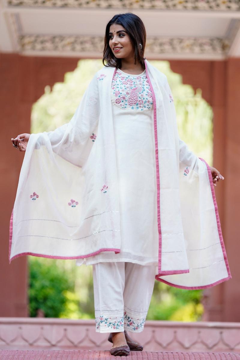 White Embroidered Chanderi Dupatta