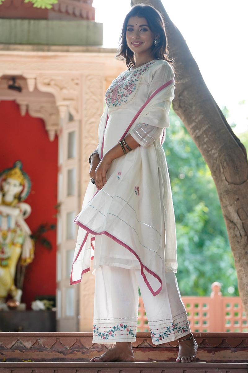 White Embroidered Chanderi Pant