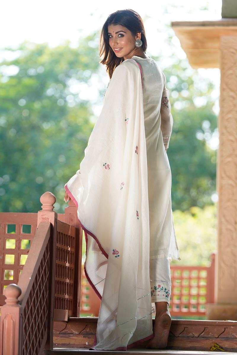 White Embroidered Chanderi Dupatta